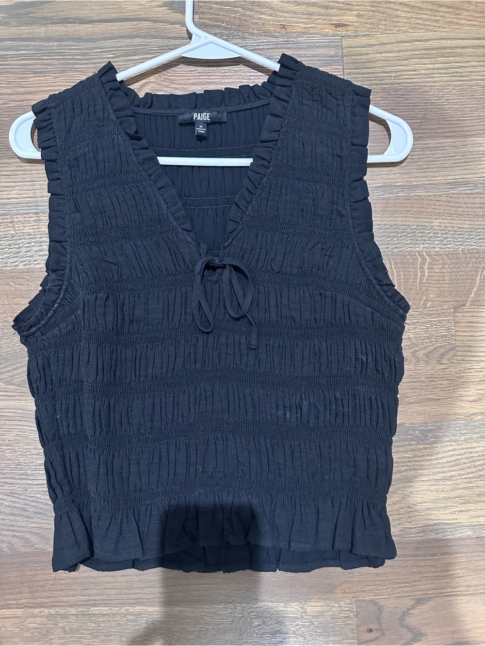 PAIGE Black Smocked V-Neck Tank with Tie